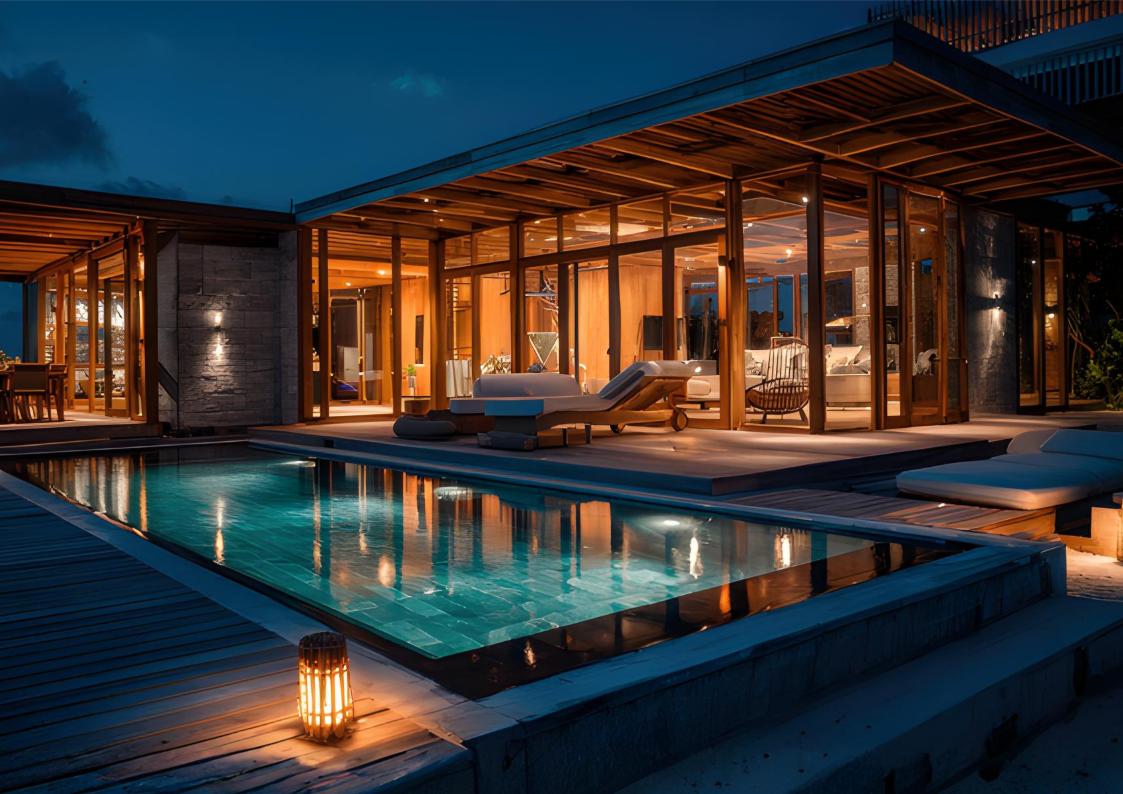 Same pool at night with LED pool lighting